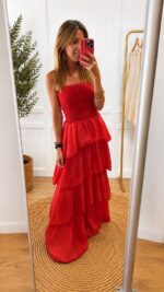 Vestido largo volantes rojo