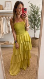 Vestido largo volantes pistacho